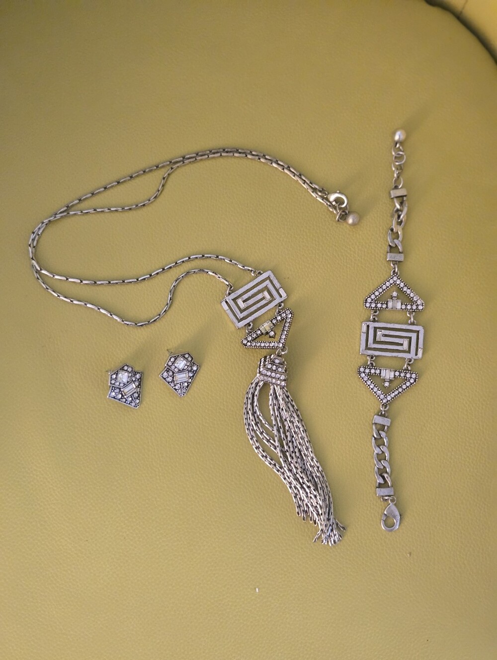Silver Geometric Tassel Necklace, Bracelet & Earrings Set